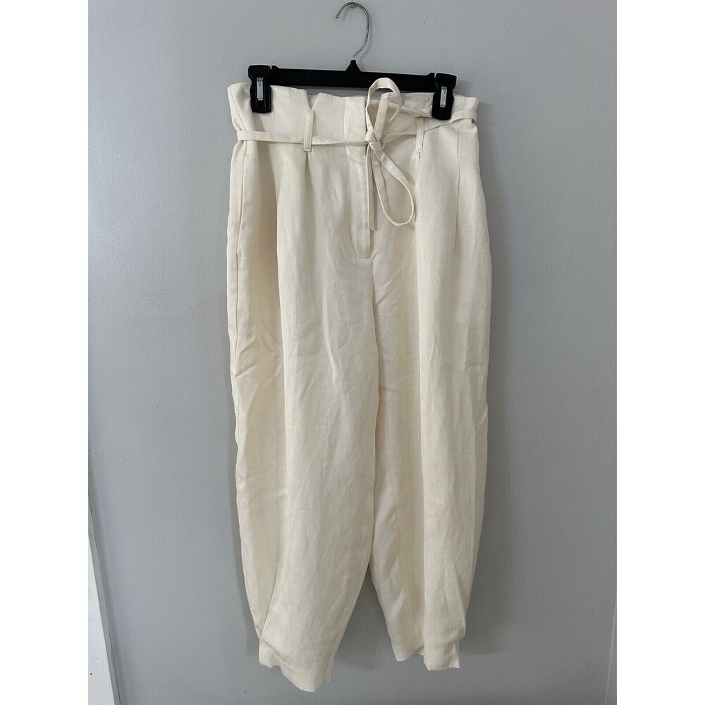 Express Womens 6S Pants Cream Ankle High Rise Paperbag Waist Linen Blend